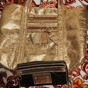 Authentic Coach Poppy Metallic Gold Tote Bag and matching Poppy wallet